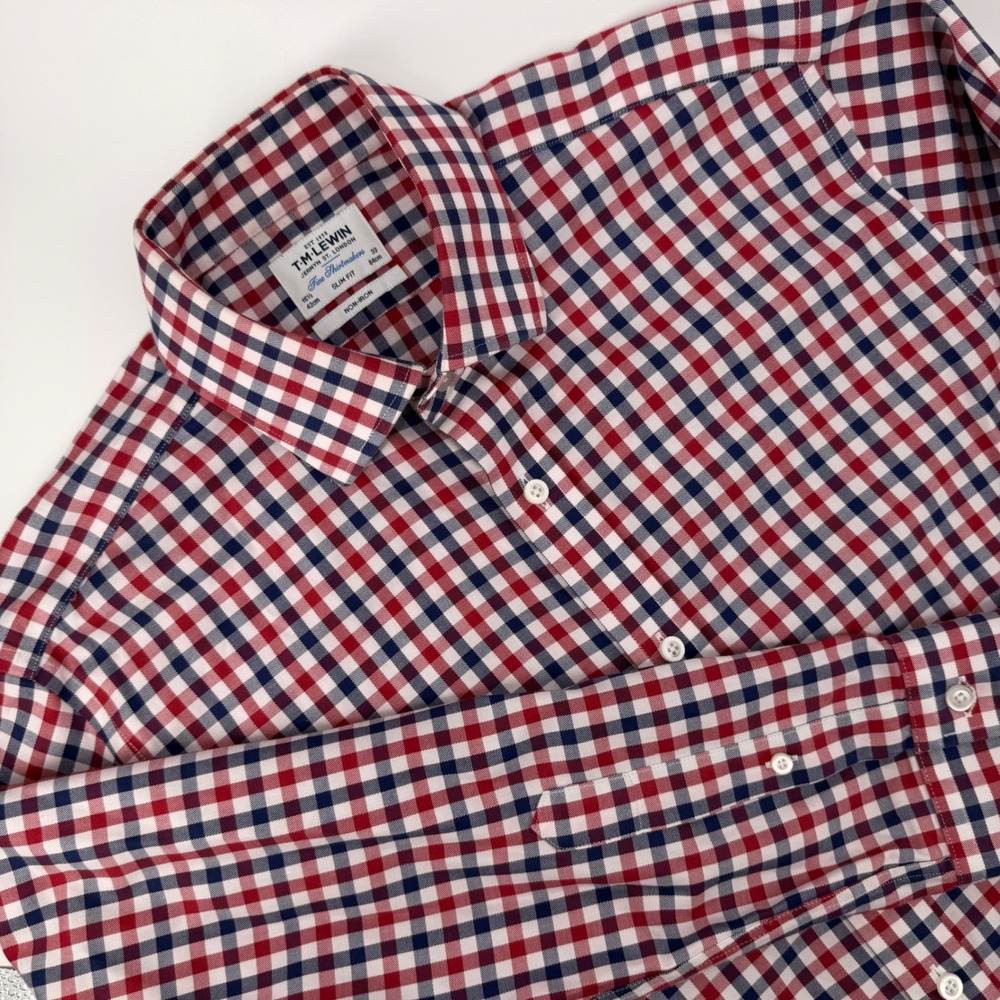TM Lewin Slim Fit Non-Iron Cotton Dress Shirt Red Blue Gingham 16.5 33